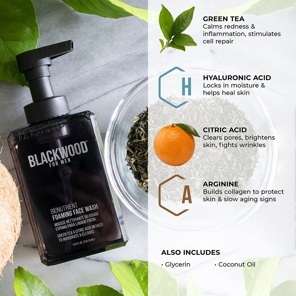 Blackwood for Men face wash bottle with skincare benefits displayed on a white background