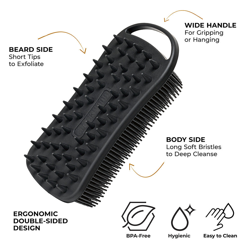 Black double-sided brush with exfoliating and cleansing sides, labeled features on a white background.