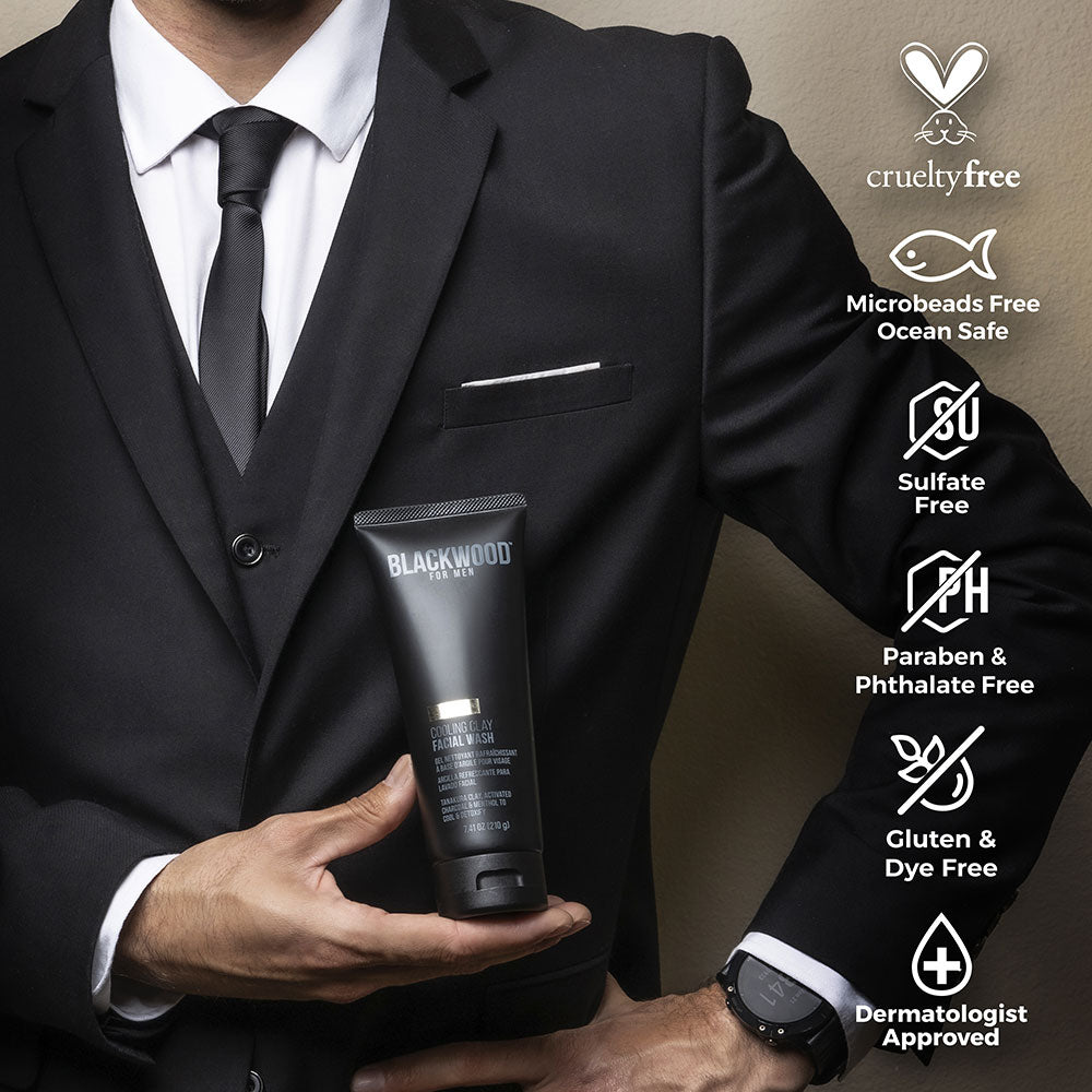 Man in a suit holding a Blackwood product with brand features displayed on the right.