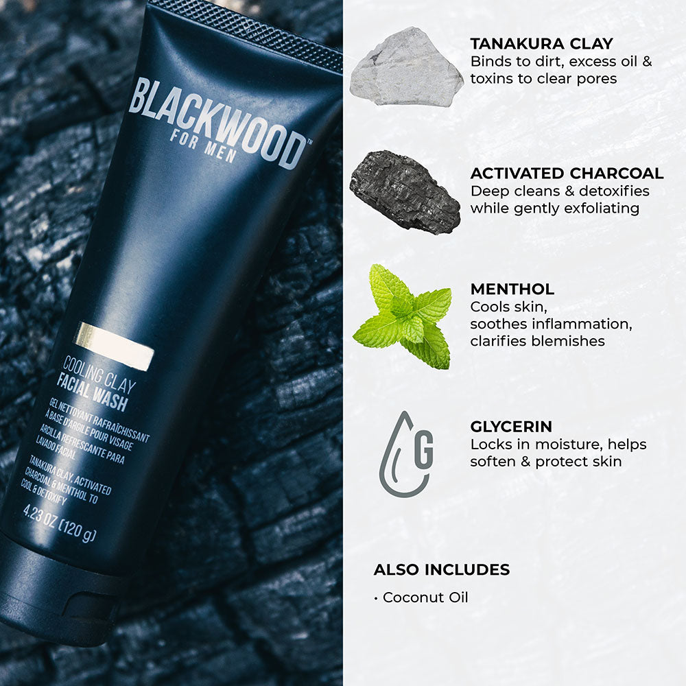 Blackwood for Men facial wash tube with product details on a textured background