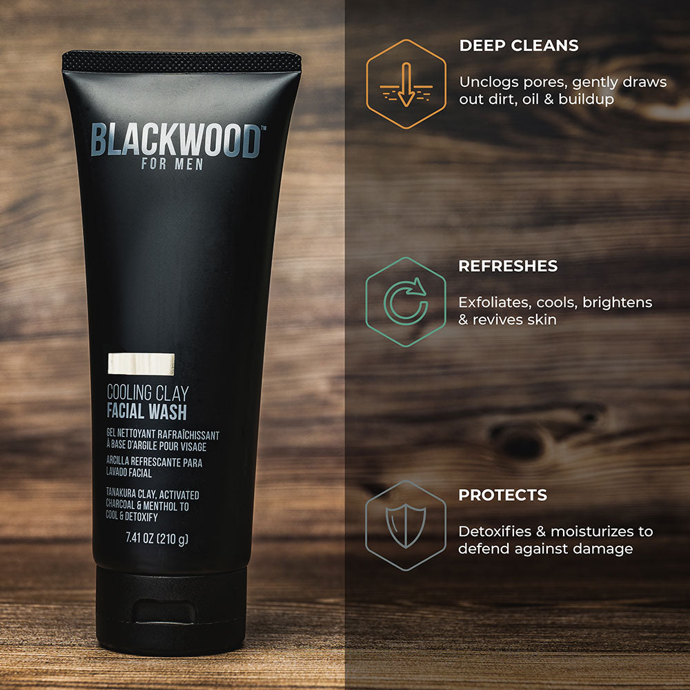 Blackwood cooling clay facial wash tube on a wooden background with product benefits displayed.