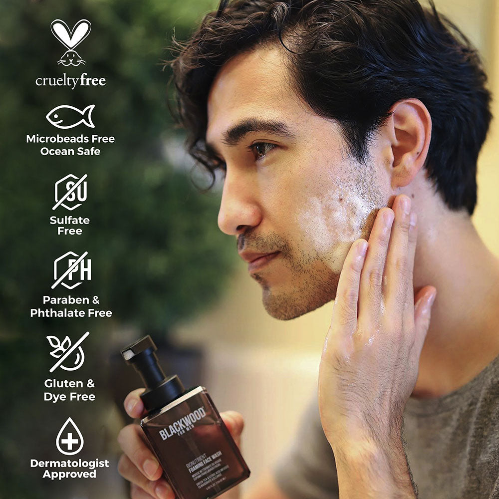 Man applying facial cleanser with product and safety features displayed on the left.