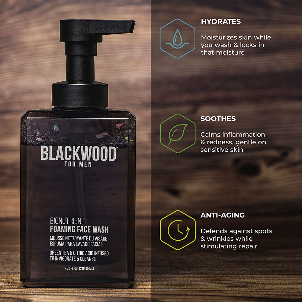 Blackwood for Men foaming face wash bottle with features on a wooden background