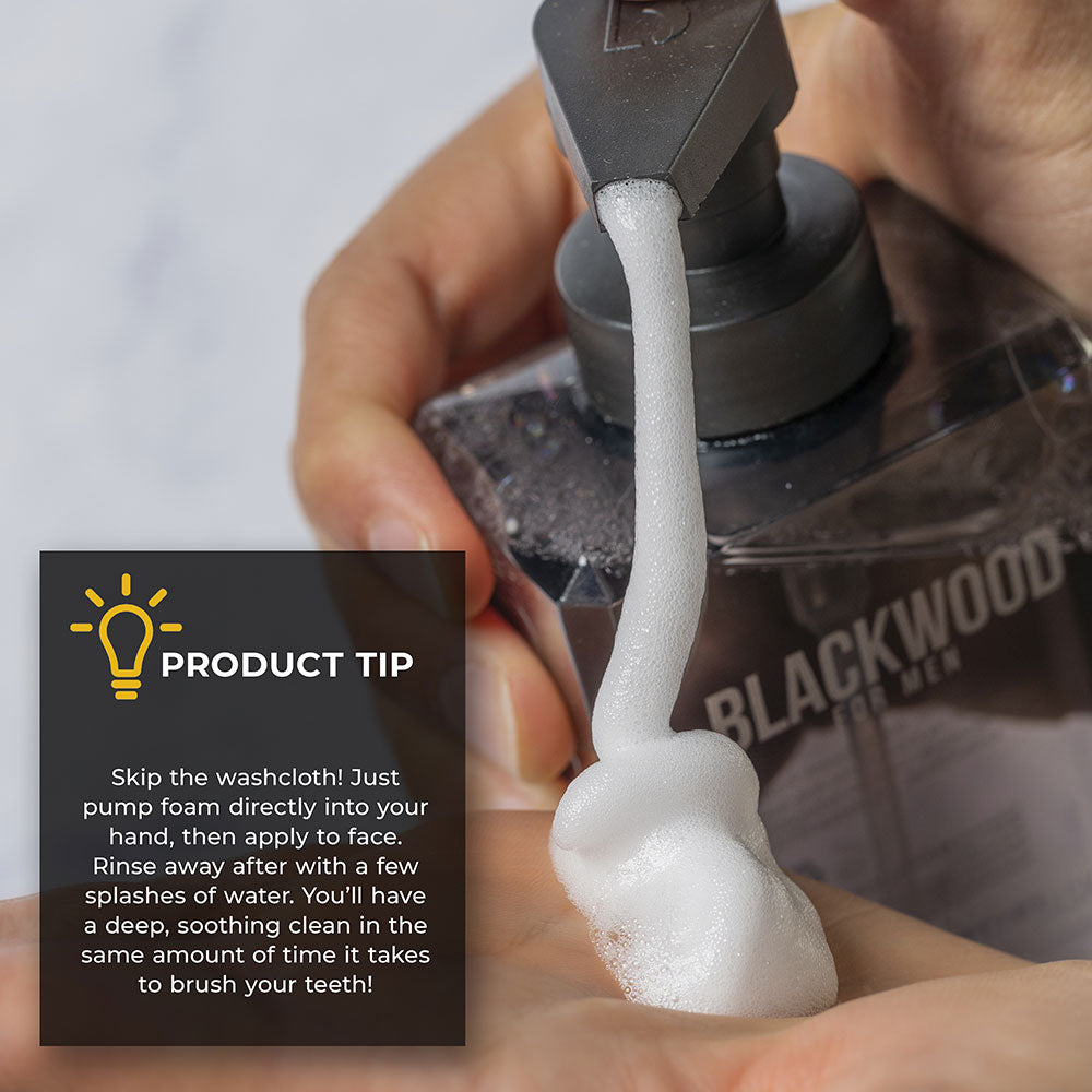 Foaming pump from Blackwood for men with a product tip overlay.
