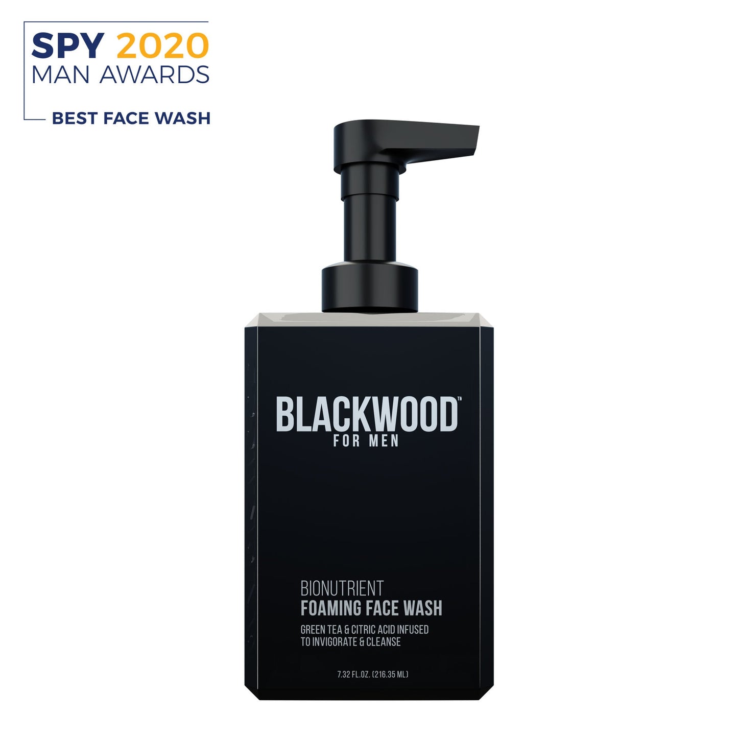 Blackwood for Men foaming face wash bottle with pump on a white background, SPY 2020 Man Awards text above.