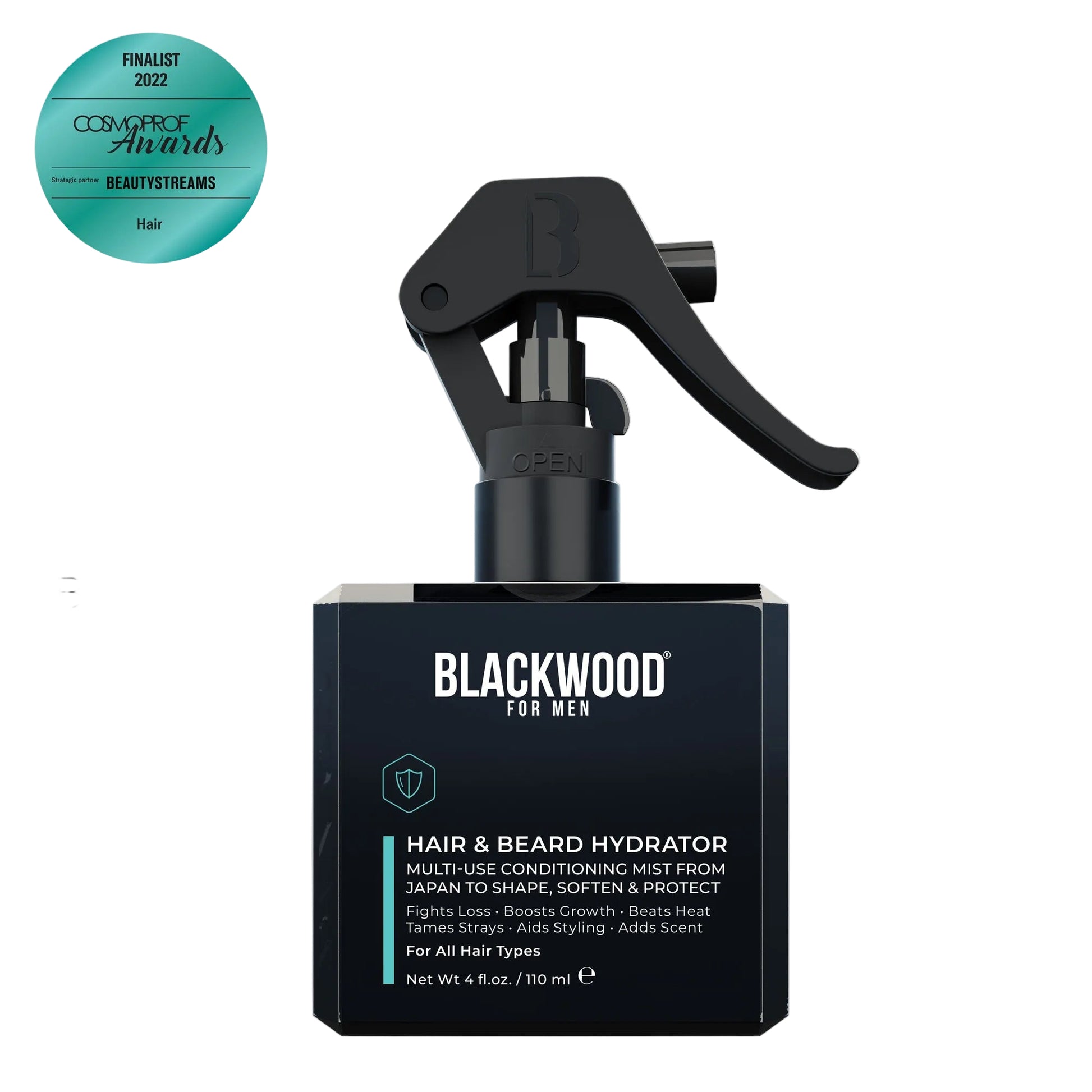 Blackwood for Men hair and beard hydrator with awards on a white background