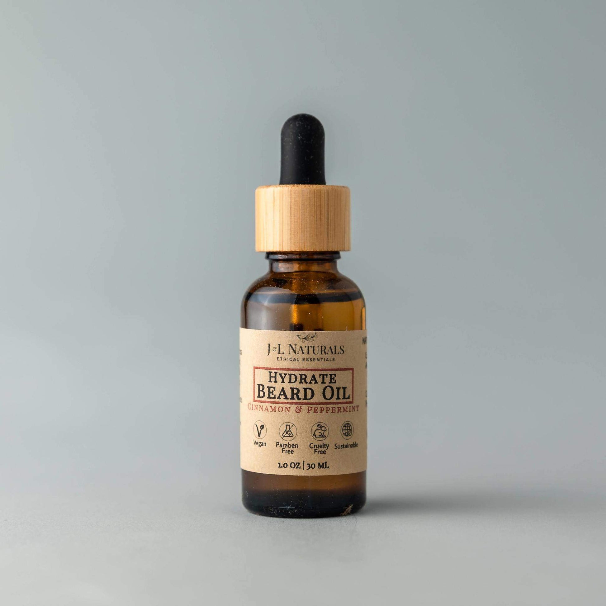 Bottle of hydrate beard oil with a dropper on a gray background